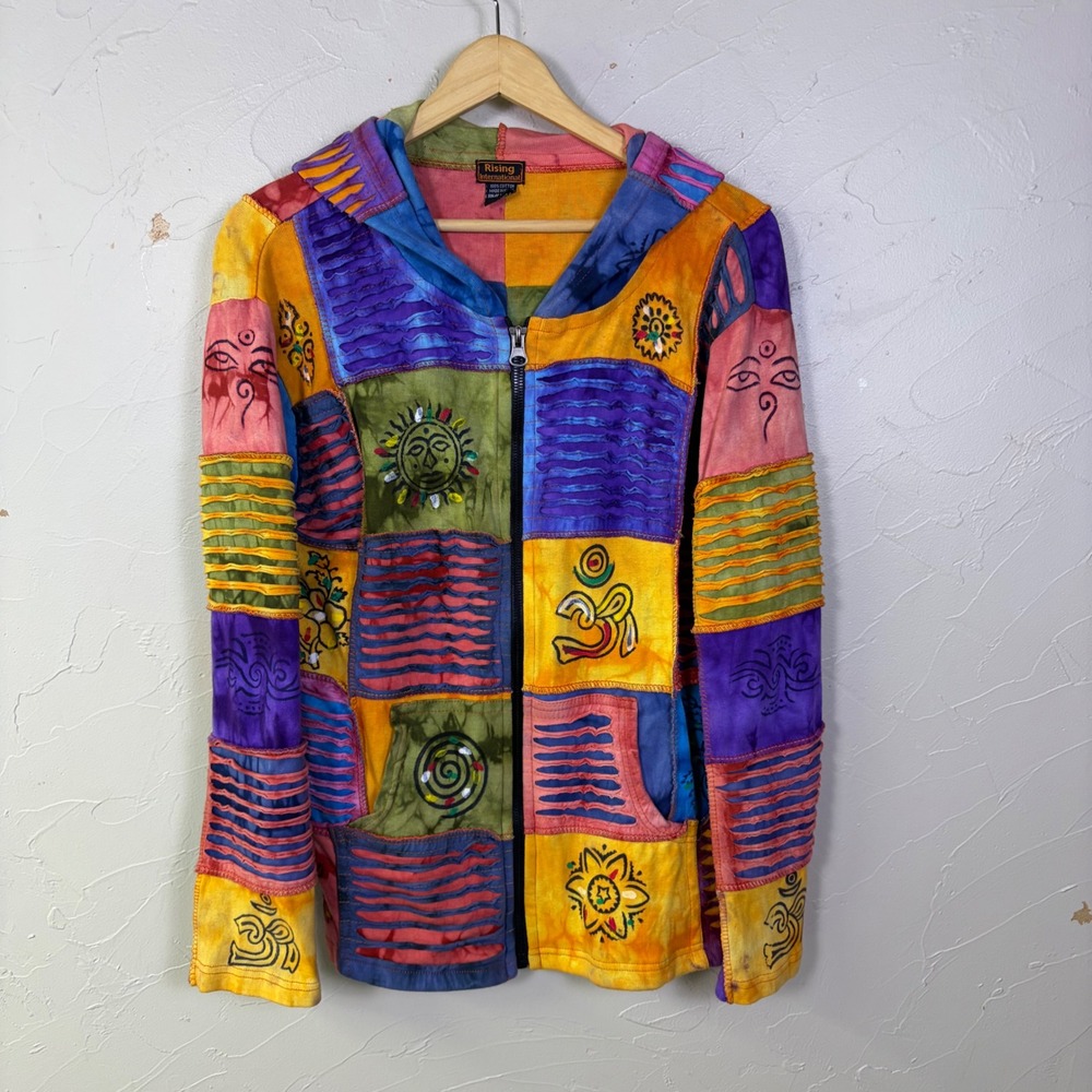 Rising International Patchwork Zip Up Hoodie Women XL Boho Sun Hippie Colorful
